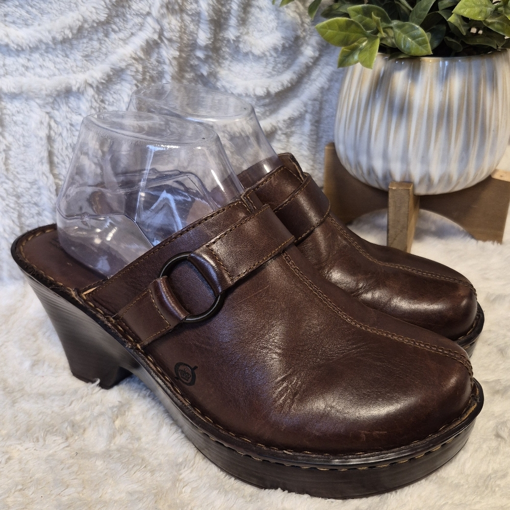 Born Brown Leather Clog Mules with Buckle Detail
